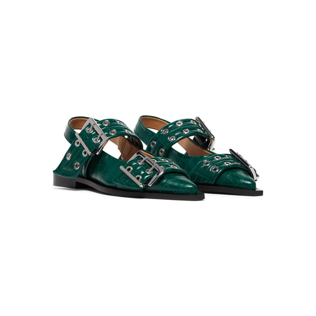 GANNI Feminine Buckle Ballerina Croco (Pineneedle)